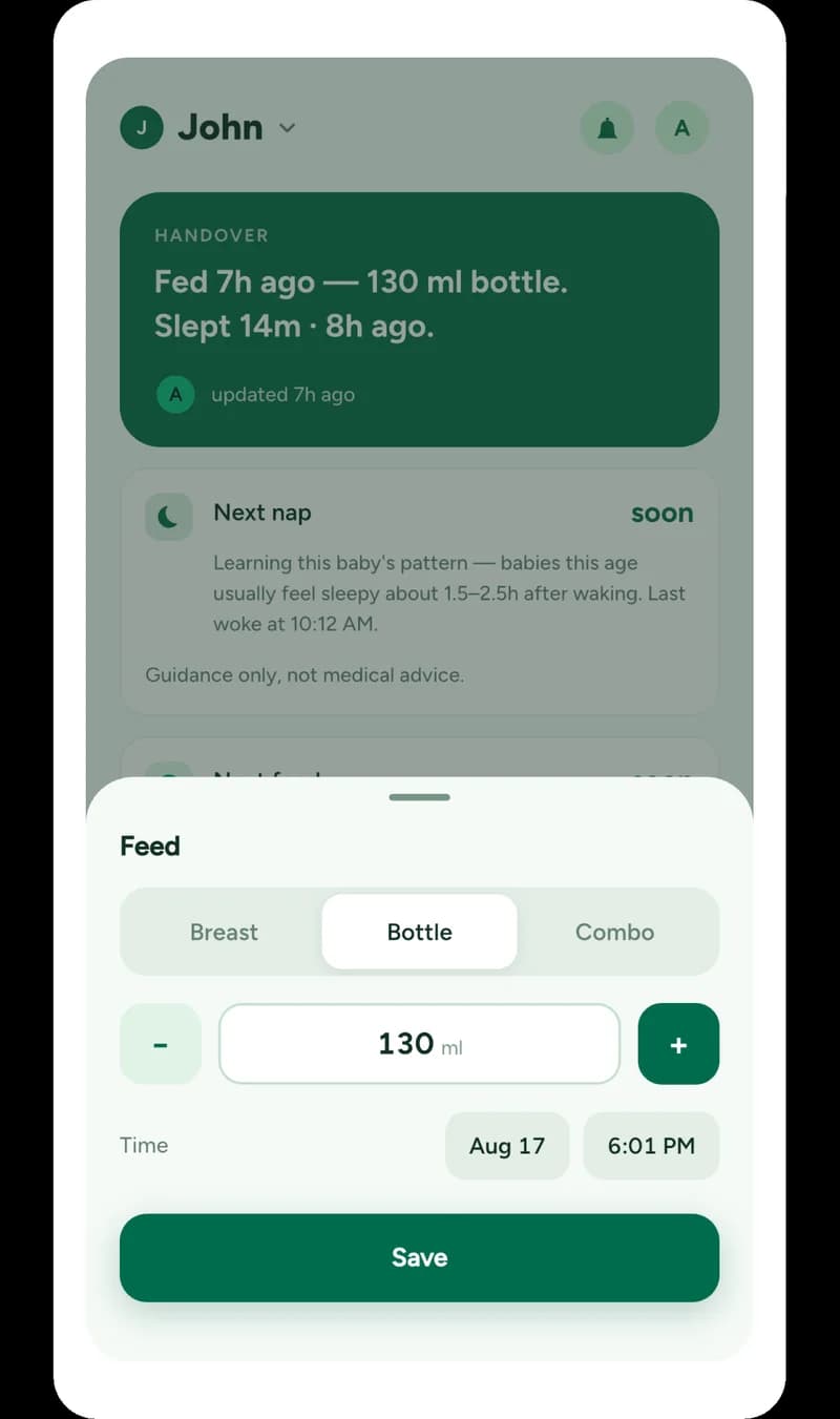 Nesty home screen — logging a 130 ml bottle feed in two taps
