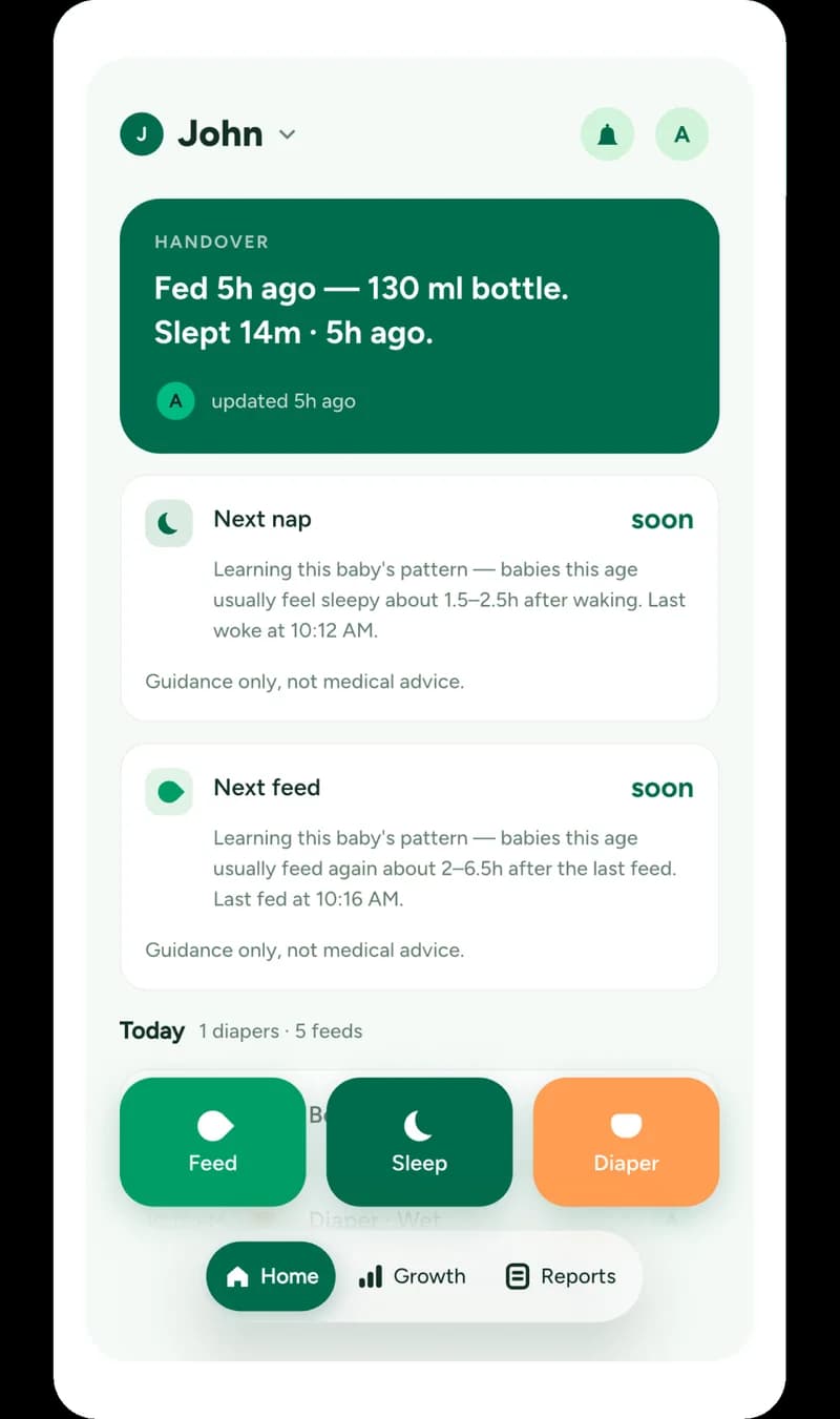 Nesty — the home screen showing when the next nap and the next feed are likely