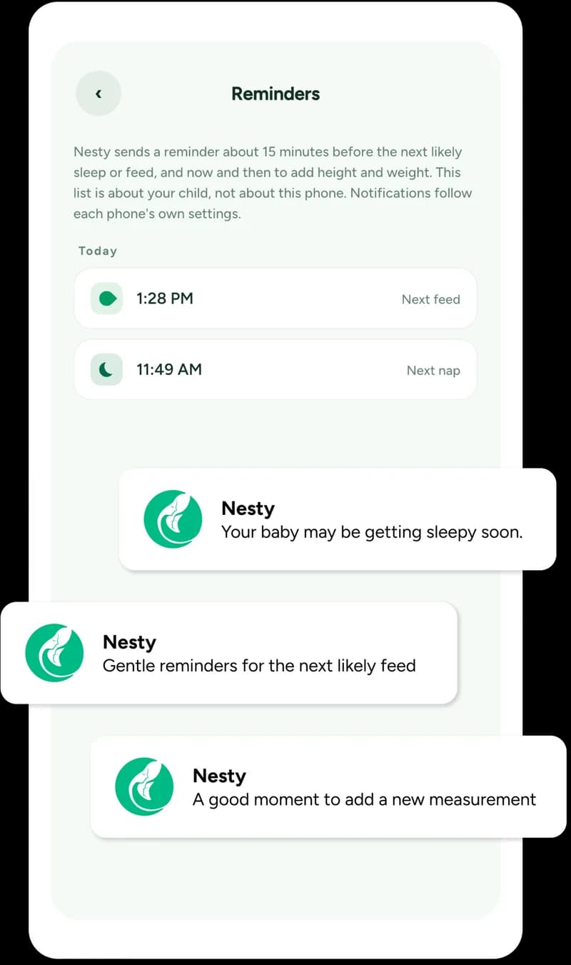 Nesty — quiet reminders arriving before the next likely feed or nap