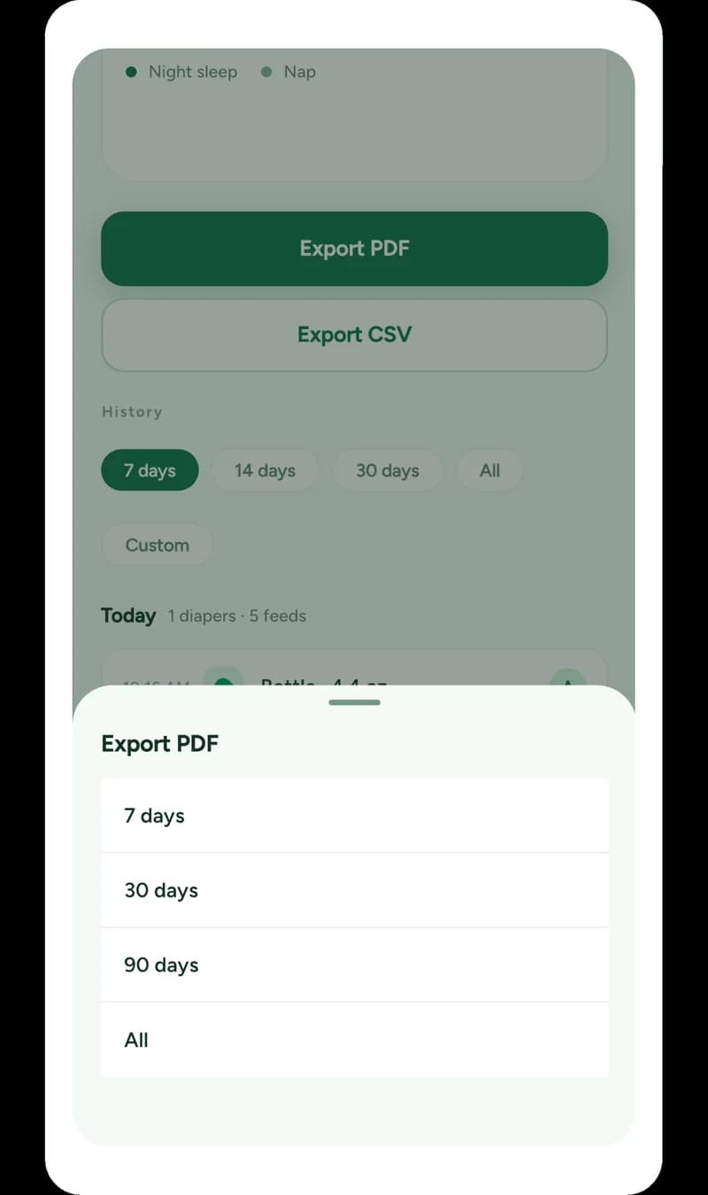 Nesty — exporting a 7, 14 or 30 day summary as PDF or CSV