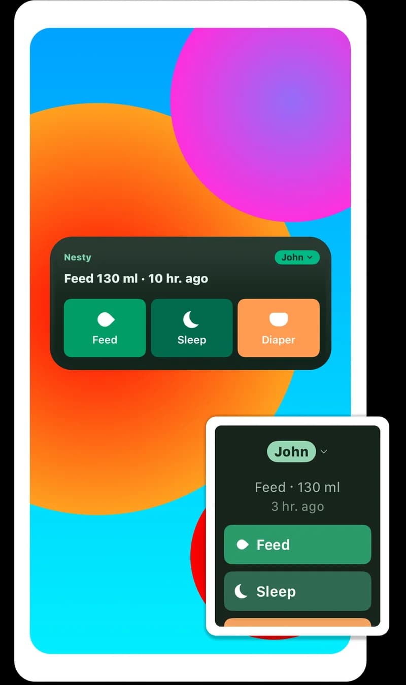 Nesty — the home screen widget showing the last feed, next to the watch app