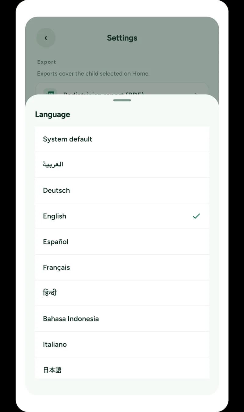 Nesty — the language list; the whole app is translated into 16 languages