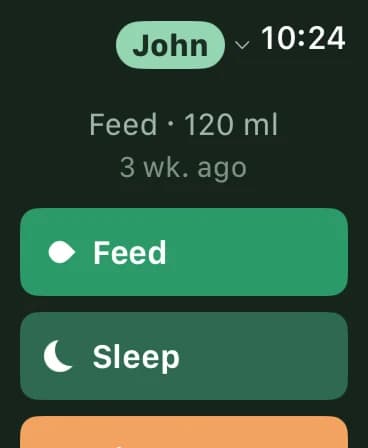 Nesty on the watch — the last feed, with Feed and Sleep ready to tap