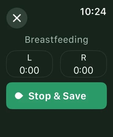 Nesty on the watch — the breastfeeding timer running on the left and right