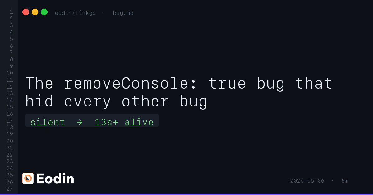 The removeConsole: true bug that hid every other bug